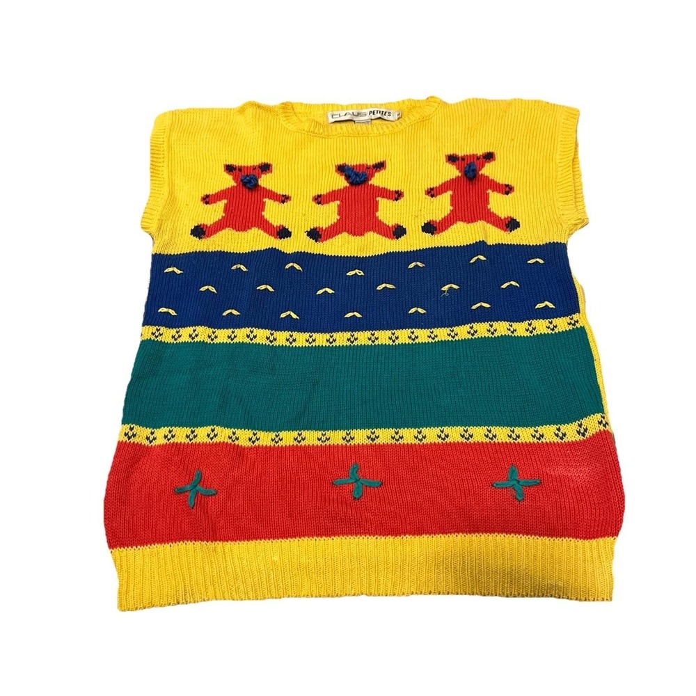 Chaus Petites Women's Size Medium Yellow Multicolor Bear Sweater Vest